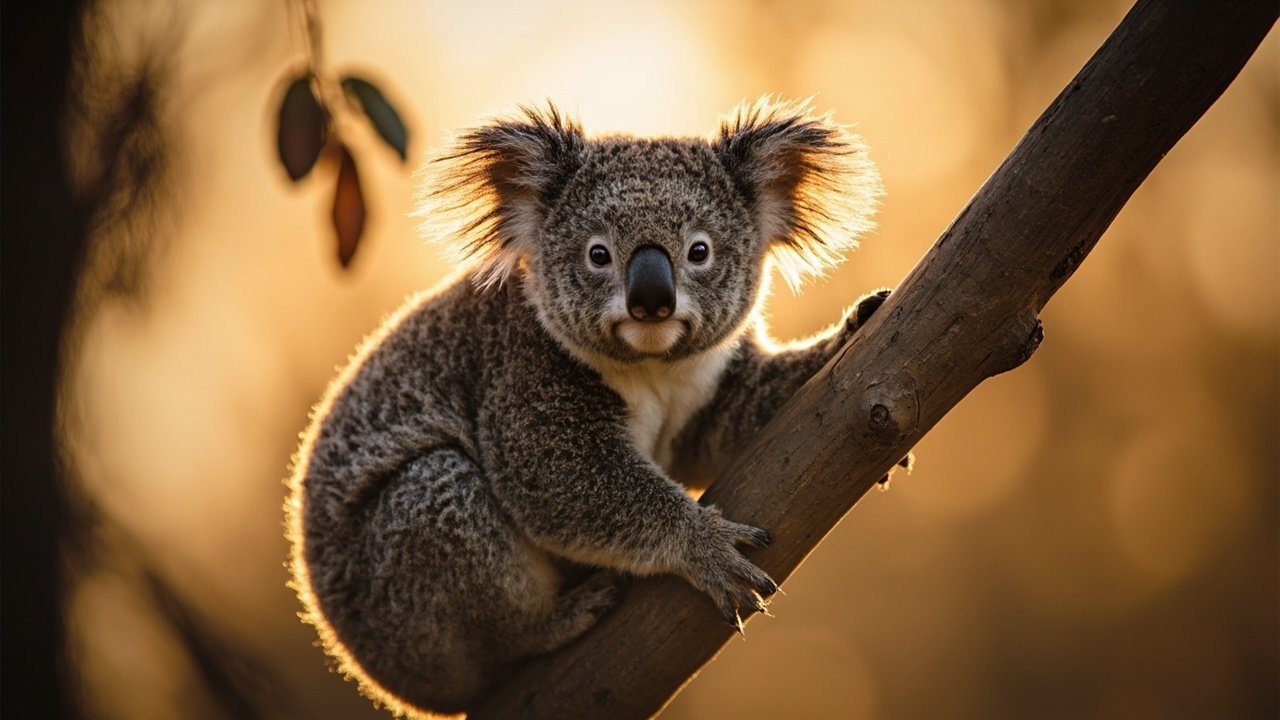A koala resting in the fork of a eucalyptus branch at golden hour.
